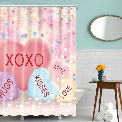 Fitumiw Valentines Love Hearts Shower Curtain 72" x 72" Conversation Hearts Home Bathroom Decorations Romantic Love Bathtub Curtain Set with 12 Hooks