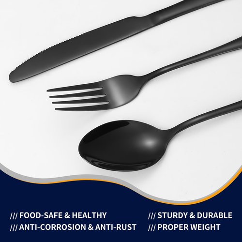 24-Piece Black Silverware Set with Steak Knives Black Stainless Steel Flatware Set for 4 Food Grade Tableware Cutlery Set Rust-proof, Mirror Polished, Dishwasher Safe