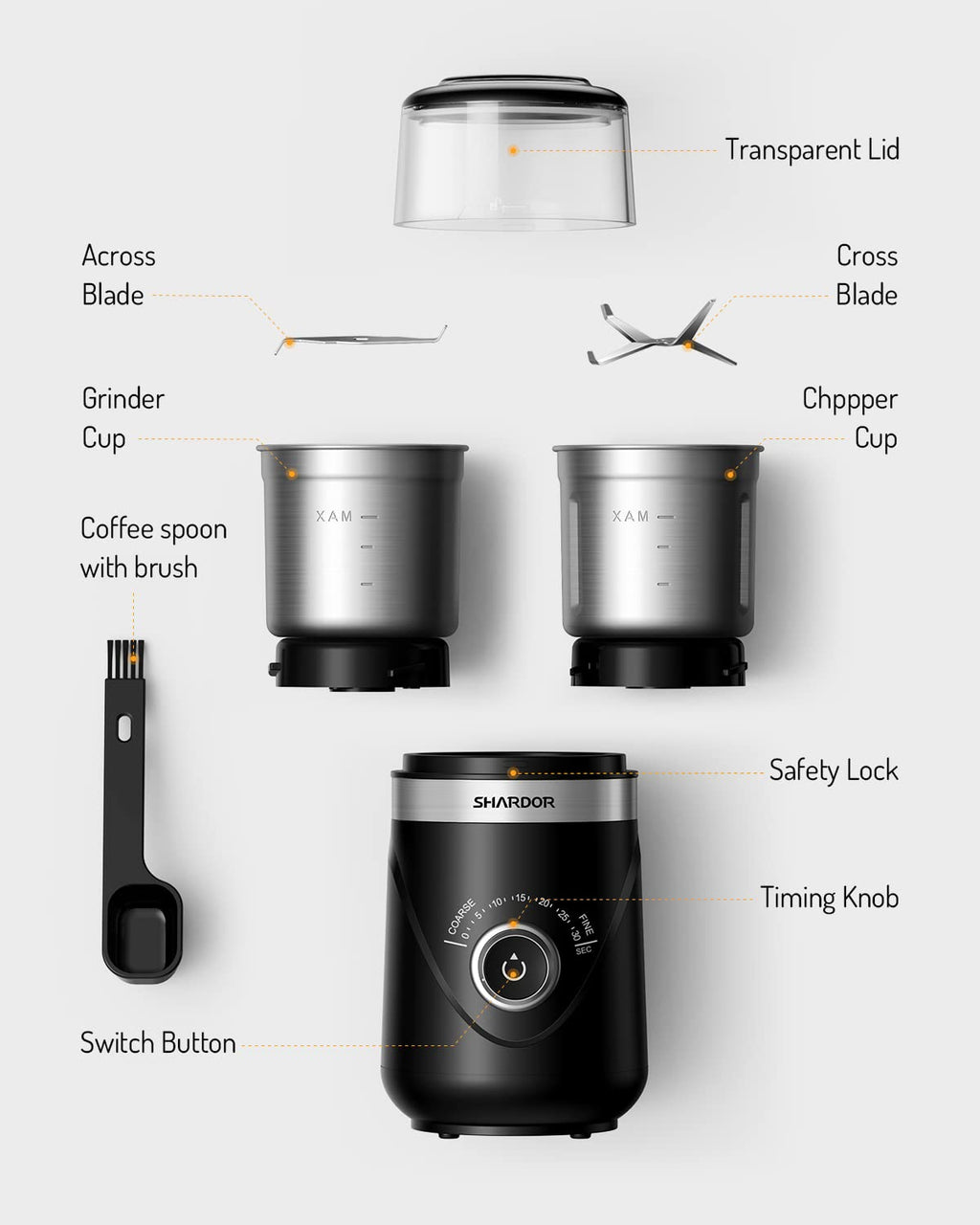 SHARDOR Electric Super Silent Blade Coffee Grinder, Timed Grind Control Rotary Knob, Adjustable Coarse to Fine for Coffee Beans, Spices & Herbs, with 2 Removable Stainless Steel Bowl, Black