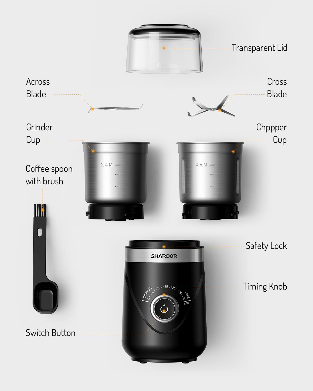 SHARDOR Electric Super Silent Blade Coffee Grinder, Timed Grind Control Rotary Knob, Adjustable Coarse to Fine for Coffee Beans, Spices & Herbs, with 2 Removable Stainless Steel Bowl, Black