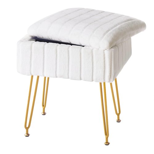 FUXA Vanity Stool Chair with Storage, White Faux Fur Makeup Chair with 4 Metal Legs and Anti-Slip Feet, Soft Padded Seat, Small Footrest Footstool Ottoman, Multifunctional Stool for Bedroom