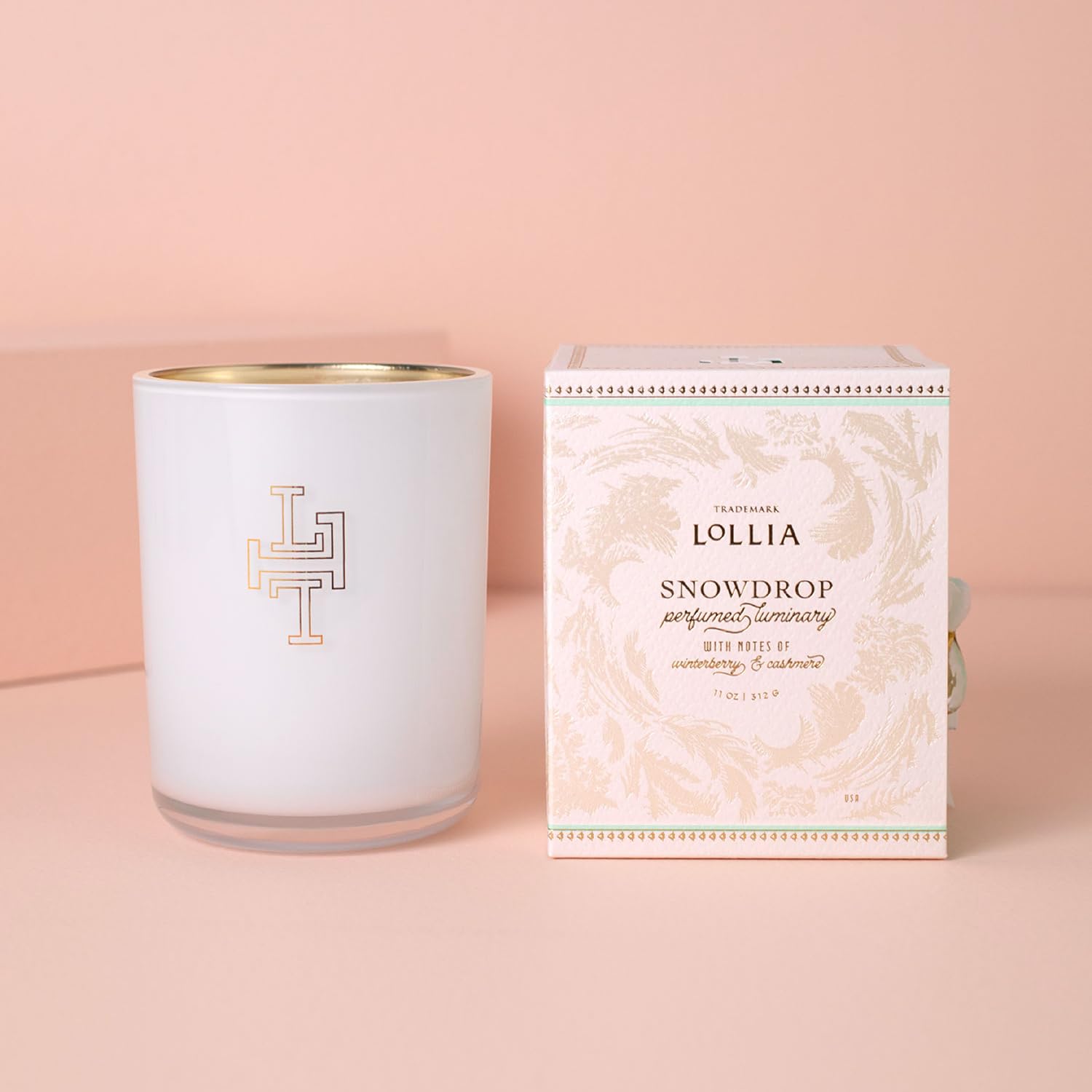 LOLLIA Snowdrop Luminary, 11 oz, 312 g, Winterberry & Cashmere Scented Soy Candle, 70 Hour Long Lasting Burn Time, Luxury Home Fragrance & Aromatherapy Decor