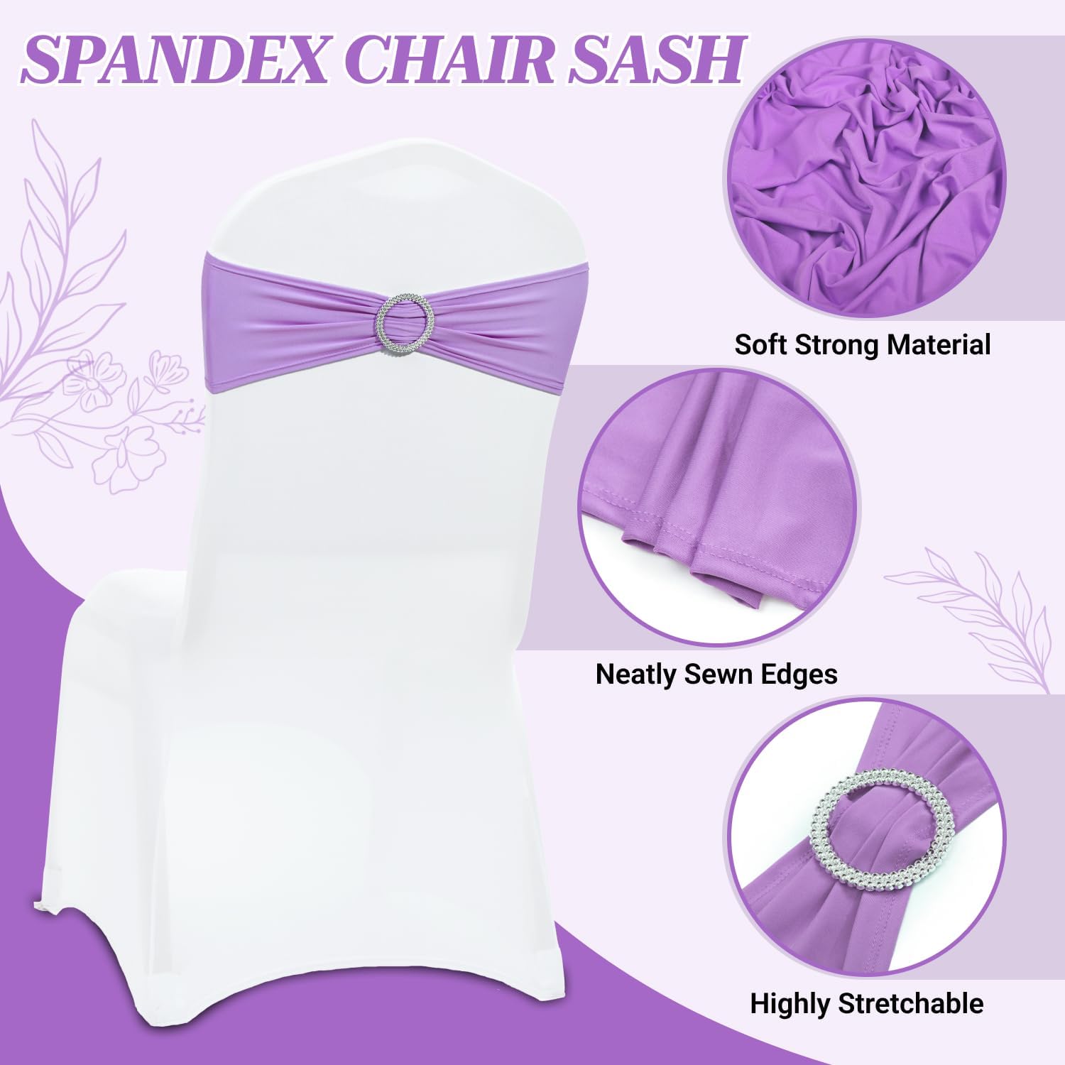 MDS Premium Spandex Chair Sashes - Stretchy Bow Covers with Buckle Slider | 25-Pack in Lavender