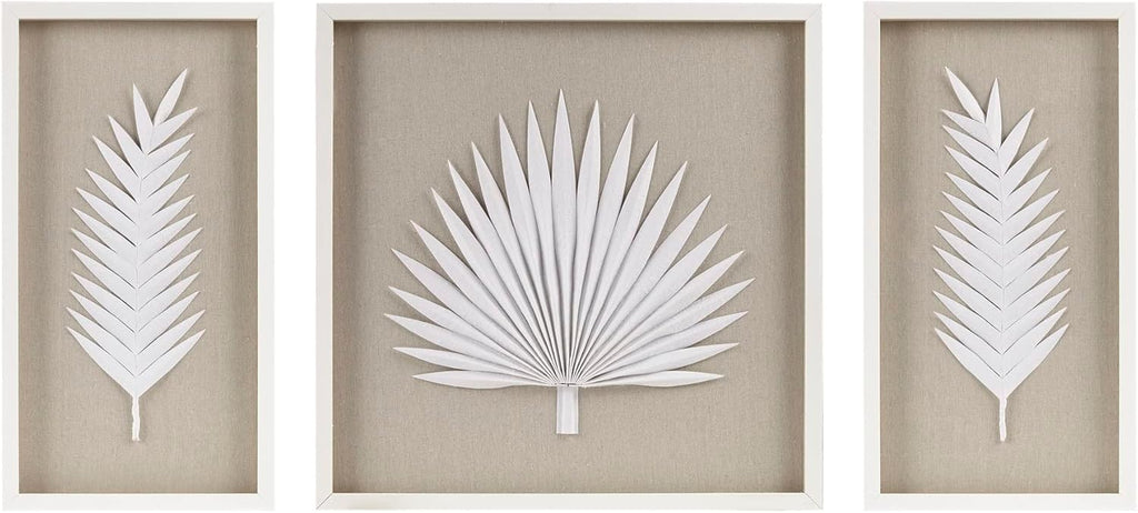 Madison Park Sabal Floral Wall Art - Handmade Canvas Palm Natural Rice Paper Shadow -Box Set, Glass, Wood Frame, Linen Base, Botanical Modern Room Decor for Hallway, Bedroom Accent, Off White 3 Piece