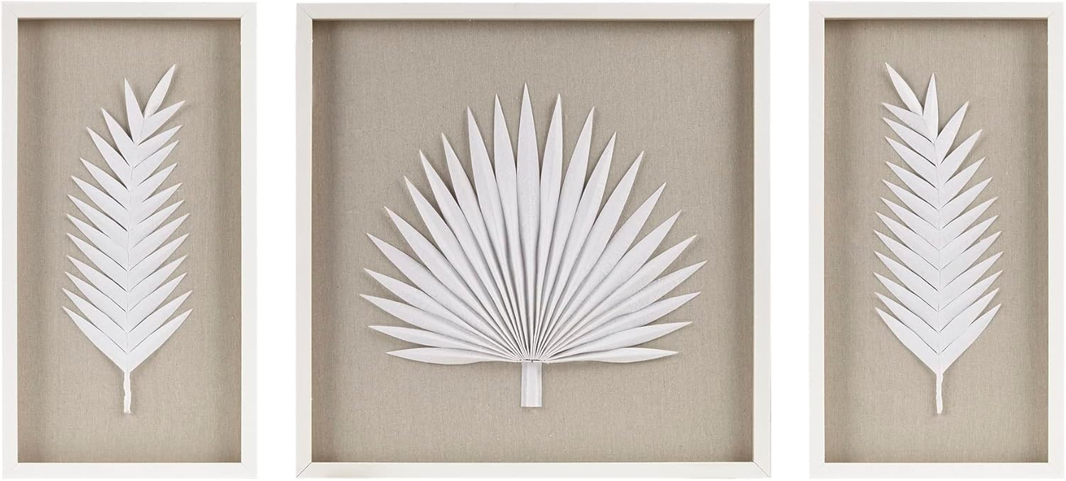 Madison Park Sabal Floral Wall Art - Handmade Canvas Palm Natural Rice Paper Shadow -Box Set, Glass, Wood Frame, Linen Base, Botanical Modern Room Decor for Hallway, Bedroom Accent, Off White 3 Piece