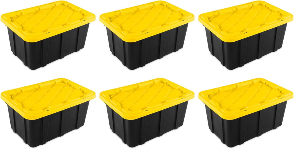 Sterilite 17 Gal Industrial Tote - Stackable Storage Bin with Snap-Fit Lid | Black Base & Yellow Lily Lid, 6-Pack