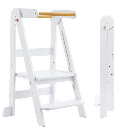 TDKDHoming Foldable Toddler Tower Preassembled Kitchen Stool, Folding Tower for Learning with 3 Adjustable Heights Montessori Toddler Standing Tower Collapsible Step Stool for Kids 1.5-6y，White