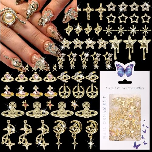 COOSLIM 60PCS Gold Nail Charms 3D Y2K Star Saturn Nail Rhinestone Gems