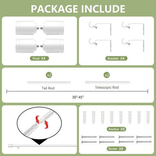 Adjustable 5/8” Diameter Curtain Rods by [Brand Name] - 30-45 Inch for Small Windows | White, 2 Pack