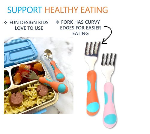 Toddler Silverware, Kids Utensils, Stainless Steel Forks Spoons Set with Travel Case for 1 2 3 4 year old. Metal Cutlery for Children, Girls Boys Baby, Round Handle 8 Pieces (4 sets) Pink Blue, Orange