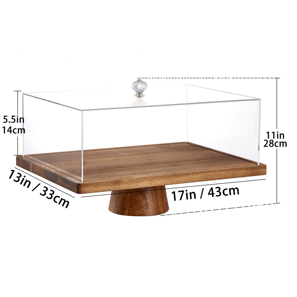 LiTY Large Cake Stand with Lid, 17″ Rectangular Multi-Functional Cake Holder, Acacia Solid Wood 2-in-1 Dessert Table Display Set, Charcuterie Board for Cheese ,Fruit Platter, Acrylic Cake Dome Cover