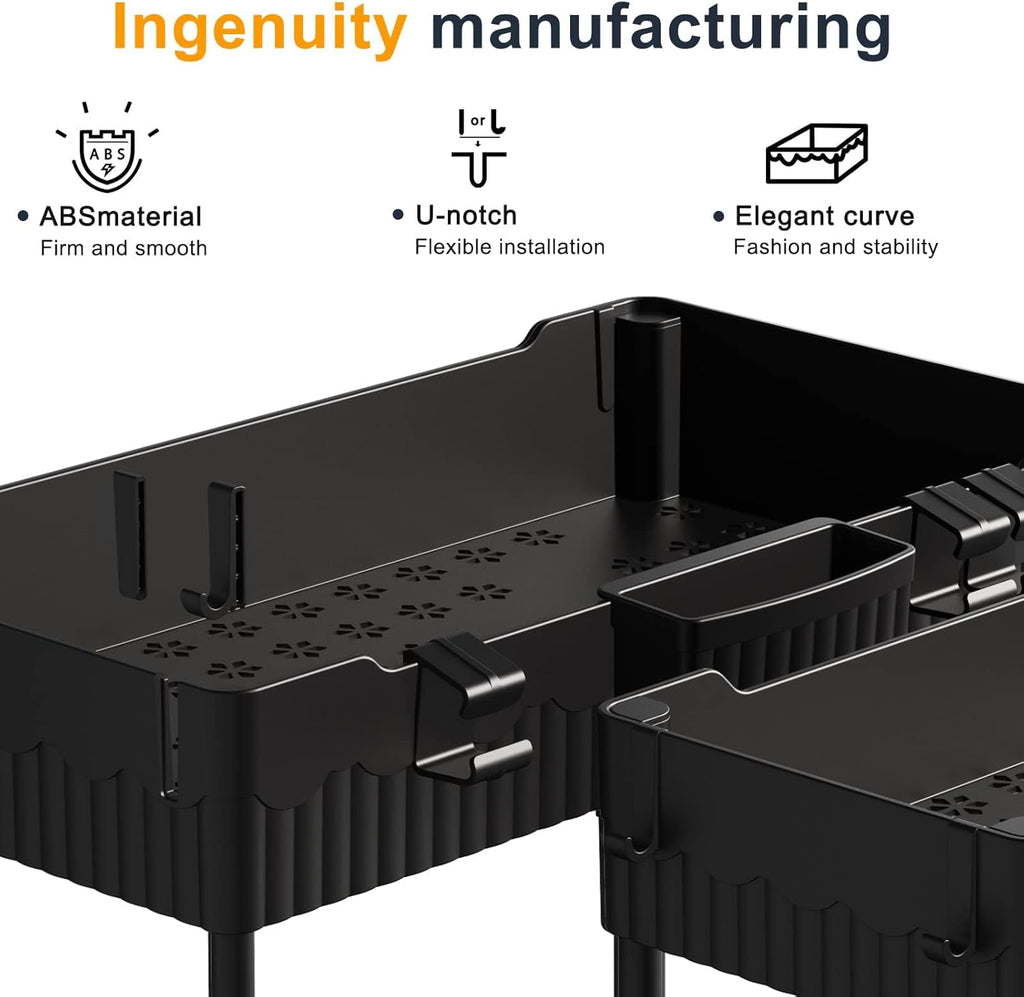 Sevenblue Under Sink Organizer - Multi-Purpose Storage Shelf with Hooks for Kitchen & Bathroom | Black, 2 Pack