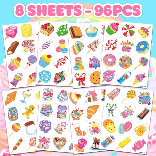 Candy Tattoos - 96 Pre-Cut Temporary Tattoos for Kids Birthday Party Favors - Candy Themed Designs