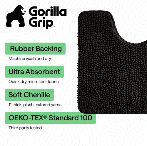 GORILLA GRIP Plush Bath Rug Mat - Absorbent Shaggy Chenille for Oval Toilet Base, Machine Washable, Black