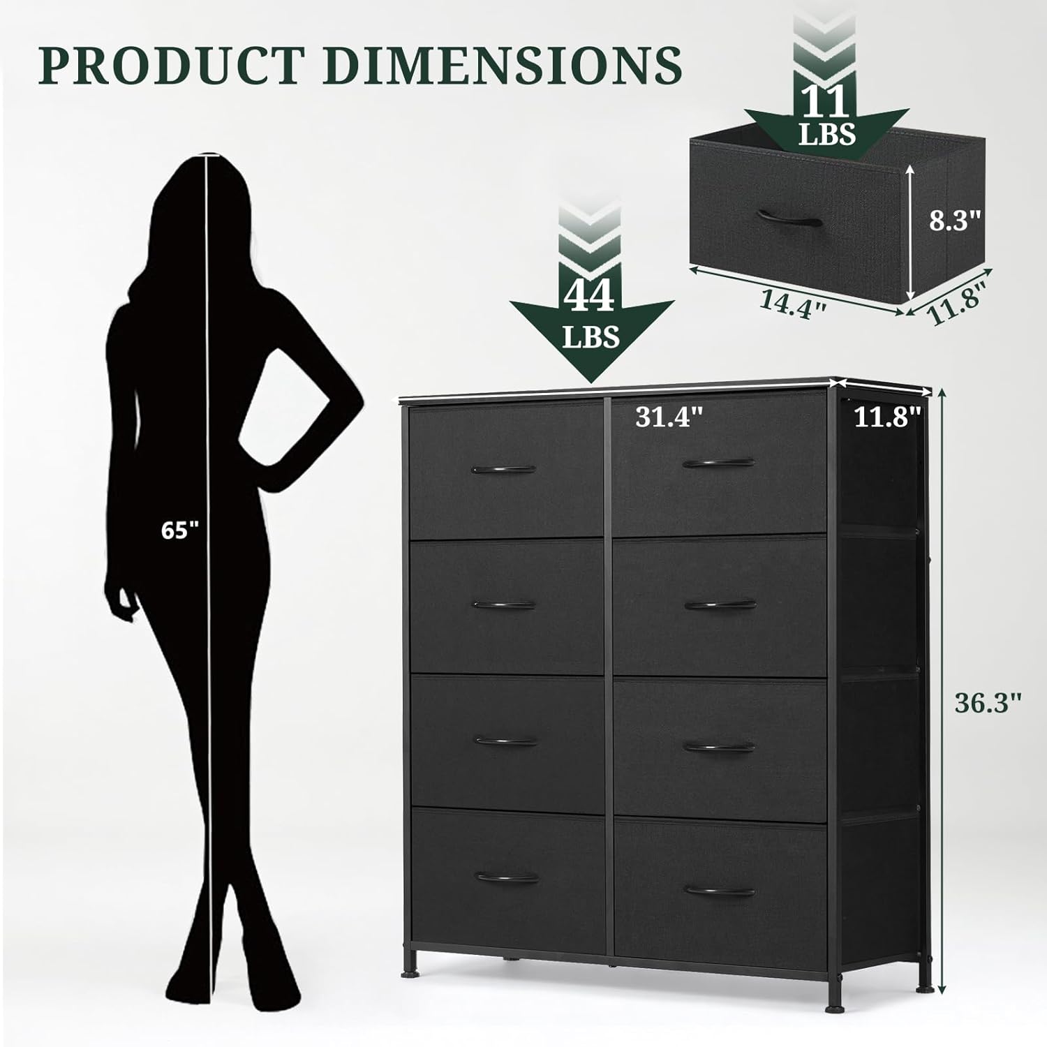Skiennix 8-Drawer Dresser - Anti-Tip Tall Storage Organizer with Wooden Top & Metal Frame - Black