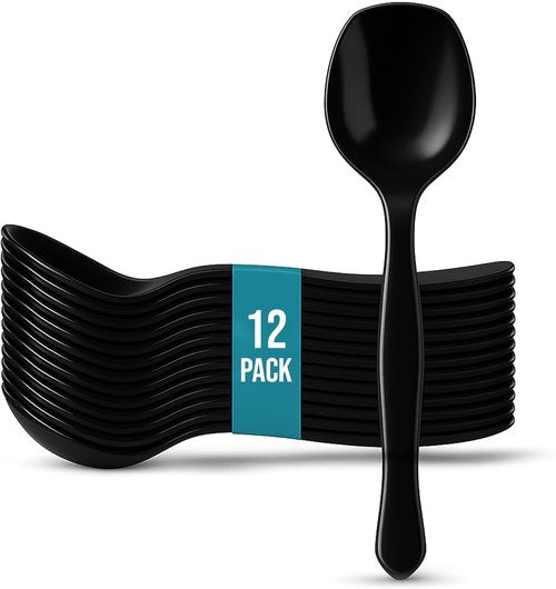 C&S Event Supply Co. Heavy Duty Black Plastic Serving Spoons - 12 Count, Perfect for Catering & Events