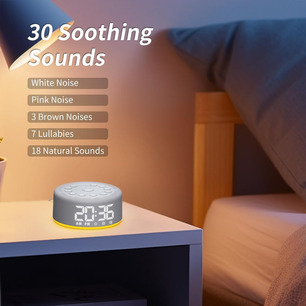 Skiennix White Noise Machine - Rechargeable Alarm Clock with Night Light & 30 Soothing Sounds