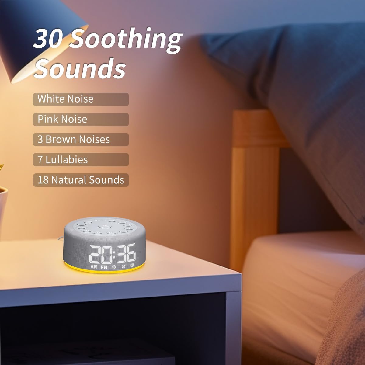 Skiennix White Noise Machine - Rechargeable Alarm Clock with Night Light & 30 Soothing Sounds