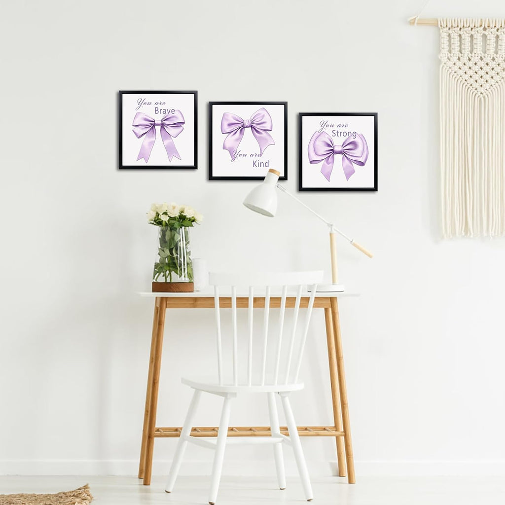 WELMECO Bow Wall Decor - Inspirational Framed Art Set for Girls | 12x12 Inch, Black Frame, 3 Pieces