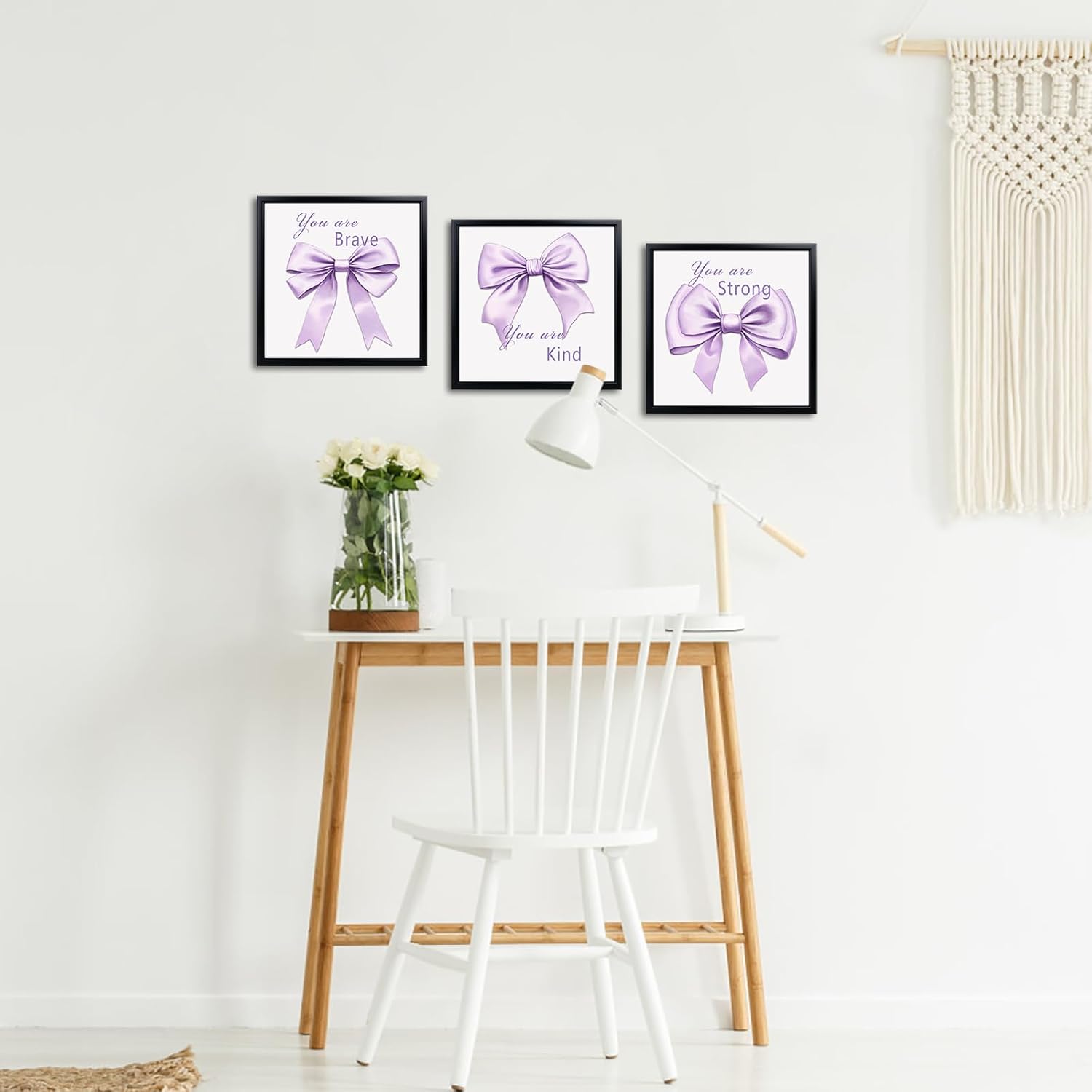 WELMECO Bow Wall Decor - Inspirational Framed Art Set for Girls | 12x12 Inch, Black Frame, 3 Pieces