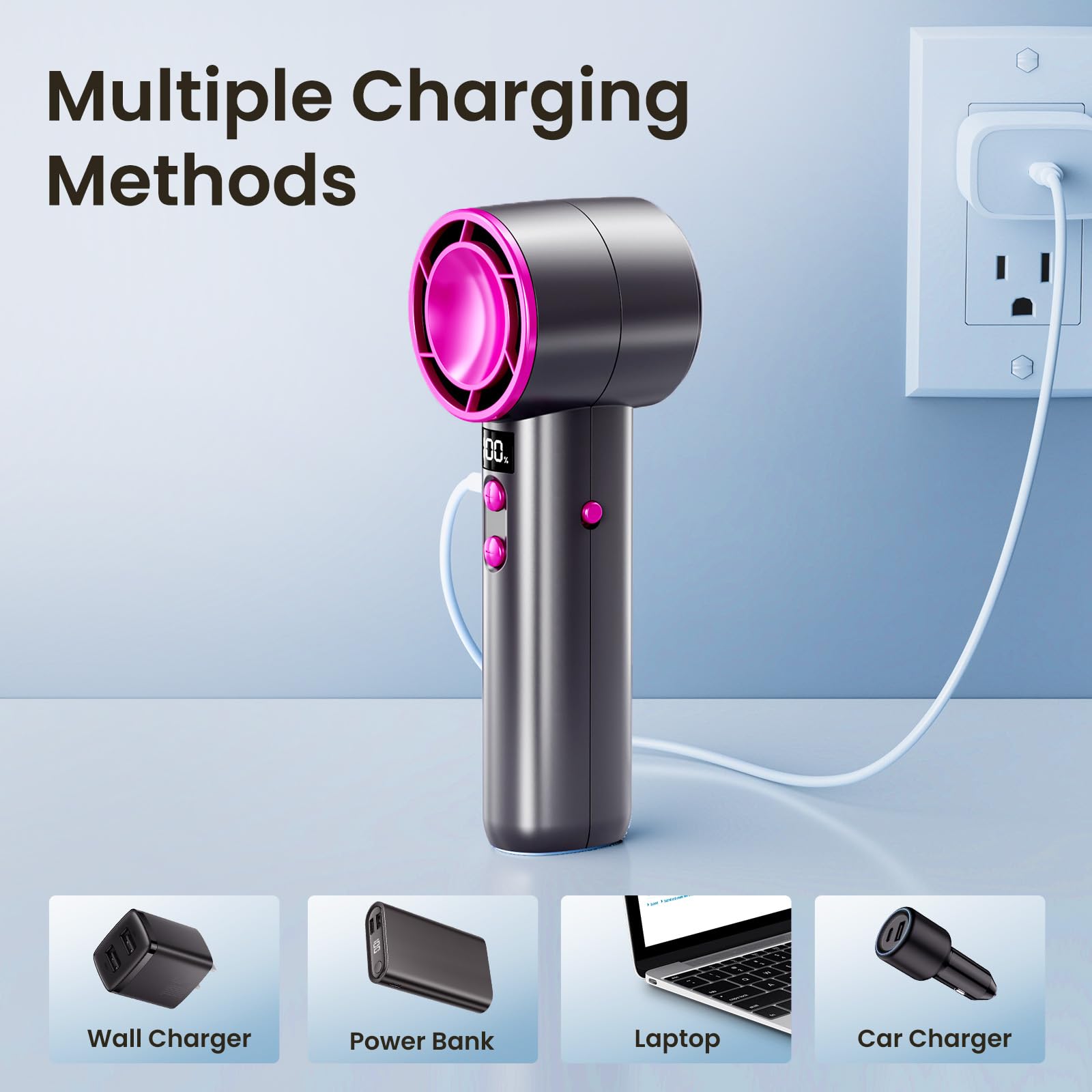 BURLAN Portable Mini Fan, USB Rechargeable Battery 3 Speed& Power Display Flashlight Handheld Fans, USB Rechargeable Battery, Lightweight Personal Cooling for Indoor Outdoor Travel