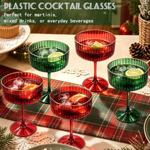 6Pcs Plastic Martini Glasses Red Green Mix 10oz Disposable Coupe Glasses