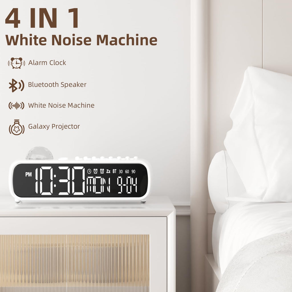VOILEIPAGI White Noise Sound Machine with Clock for Baby Kids Adults, with 8 Soothing Sounds for Office & Sleeping, 30/60/90 Mins Timer, Bluetooth Speaker, Star Projector Galaxy Light for Home, Travel