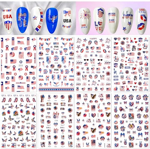 Kytunera 8 Sheets 4th of July Patriotic Nail Stickers Set