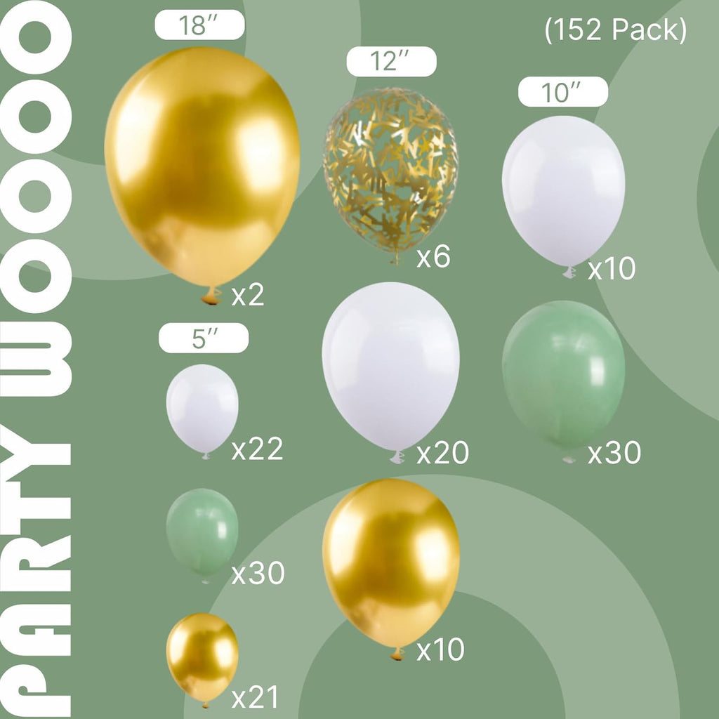 PartyWoo Balloon Arch Kit - Sage Green & Gold Confetti - 152pcs in Various Sizes for Baby Showers & Birthdays