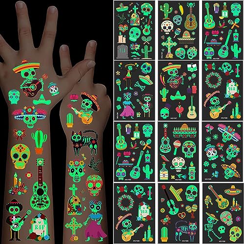 Felico Luminous Day of the Dead Temporary Tattoos - Glow in the Dark