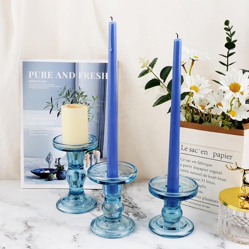 Blue Glass Candlestick Set by [Brand Name] - Elegant Crystal Holders for Weddings & Home Decor