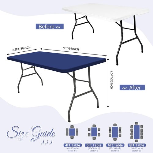 12 Pack Spandex Tablecloth Table Top Cap Cover, Navy Blue Stretch Table Covers for 8FT Tables, Elastic Rectangle Tablecloth Protector for Outdoor Party Picnic Wedding (Navy Blue,30" W x 96" L)