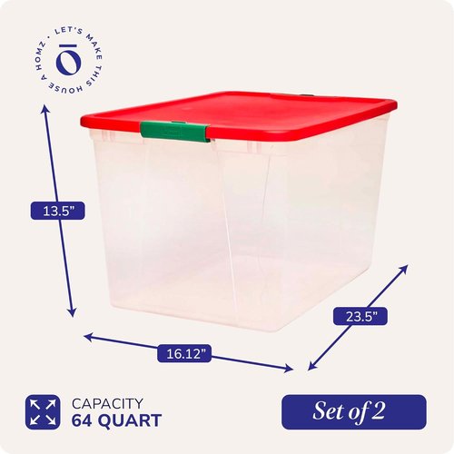 HOMZ 64 Quart Clear Plastic Storage Organizer Bins - Stackable Containers with Secure Latch & Red Lid