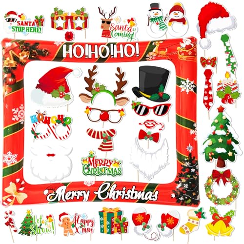 Christmas Photo Booth Props Set with Inflatable Selfie Frame - Holiday Party Decorations