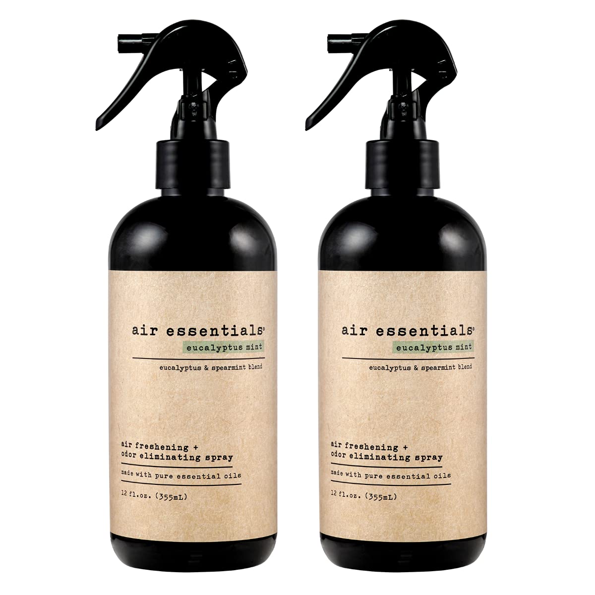 Air Essentials 12 oz Air Freshener & Odor Eliminator Spray - Neutralize Odors from Smoke, Pets, Food & Garbage in Homes, Offices & Cars - Made with Clean Essential Oils (Eucalyptus Mint, 2-Pack)