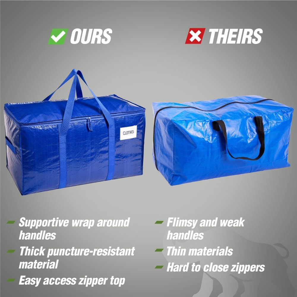 RUGGED RHINO Heavy Duty Extra Large Moving Bags - Durable Zipper & Strong Handles | Space-Saving Storage, Blue/Clear