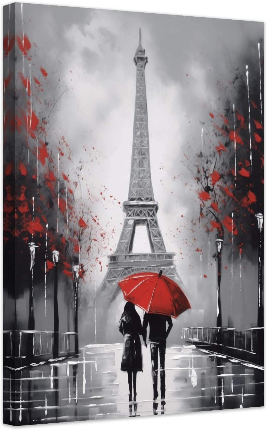 ZXHYWYM Paris Wall Decor - Framed Eiffel Tower Canvas Painting | Romantic Couple Poster (12" x 18")