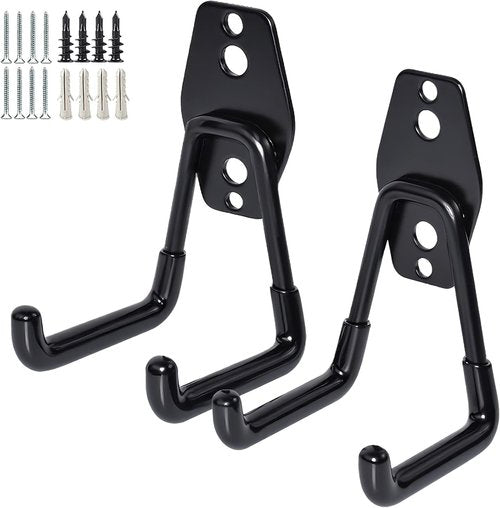 GeeWatom Garage Storage Utility Hooks - Durable Steel Wall Mount Organizers for Garden Tools | 2 Pack (Black)