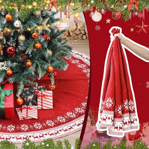 72-Inch Red Christmas Tree Skirt with Snowflakes and Reindeer, Extra Large Farmhouse Holiday Decor