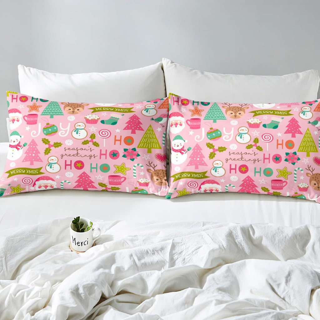 Erosebridal Pink Christmas Fitted Sheet Full, Cartoon Santa Claus Bedding Set for Kids Boys Girls Women Bedroom, Snowman Pine Bed Sheets Christmas Tree Deer Bedding Decor Set Xmas Decor,2 Pillowcases