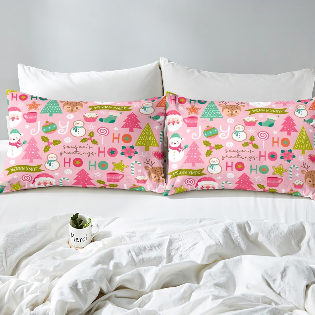 Erosebridal Pink Christmas Fitted Sheet Full, Cartoon Santa Claus Bedding Set for Kids Boys Girls Women Bedroom, Snowman Pine Bed Sheets Christmas Tree Deer Bedding Decor Set Xmas Decor,2 Pillowcases