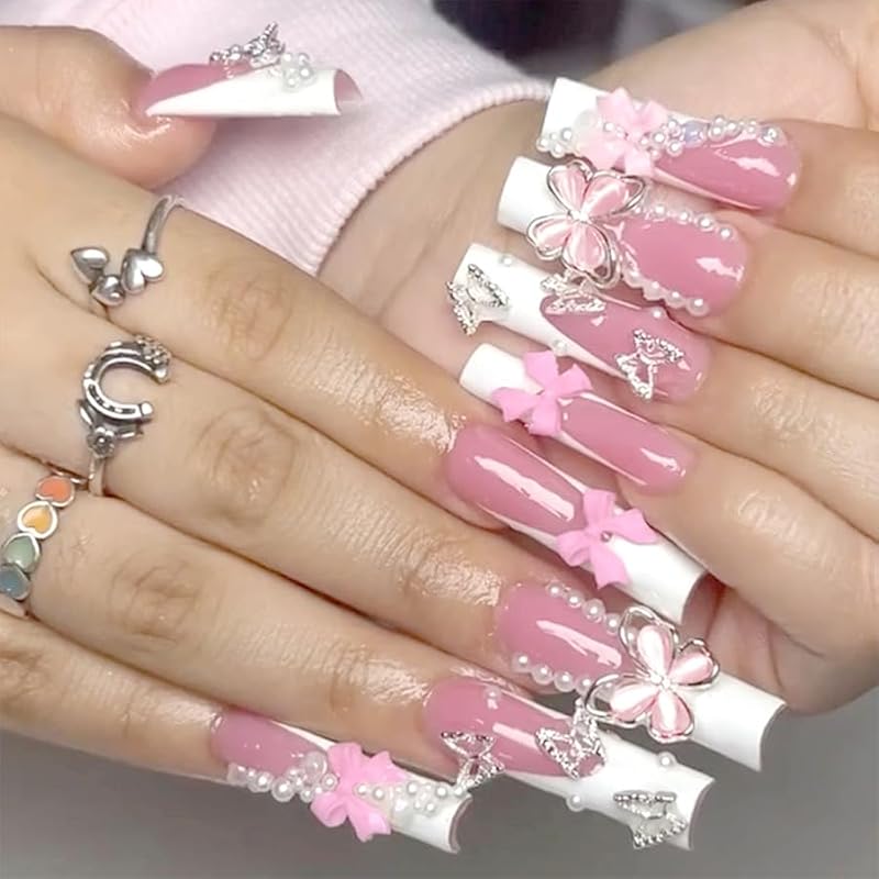 110Pcs Pink Bow Flower Nail Charms Rhinestone 3D Alloy Art Decor