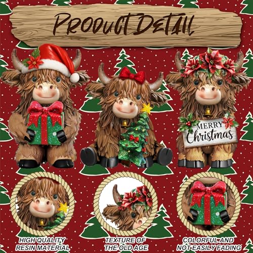 3 Pcs Christmas Highland Cow Figurine Decor - Resin Christmas Decorations, Highland Cow Set - Christmas Variation