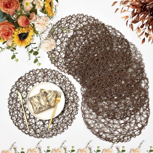 IcosaMro Set of 12 Round Brown Placemats - 13 Inch Woven Paper Table Decor