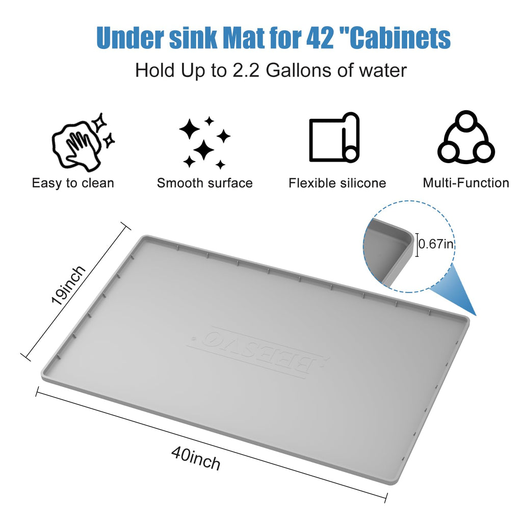 Under Sink Mat for Kitchen Waterproof, 40" x 19" Silicone Under Sink Liner Kitchen & Bathroom Cabinet Protector Mats, Heavy Duty Flexible Under Sink Drip Tray with Lip, Cool Grey