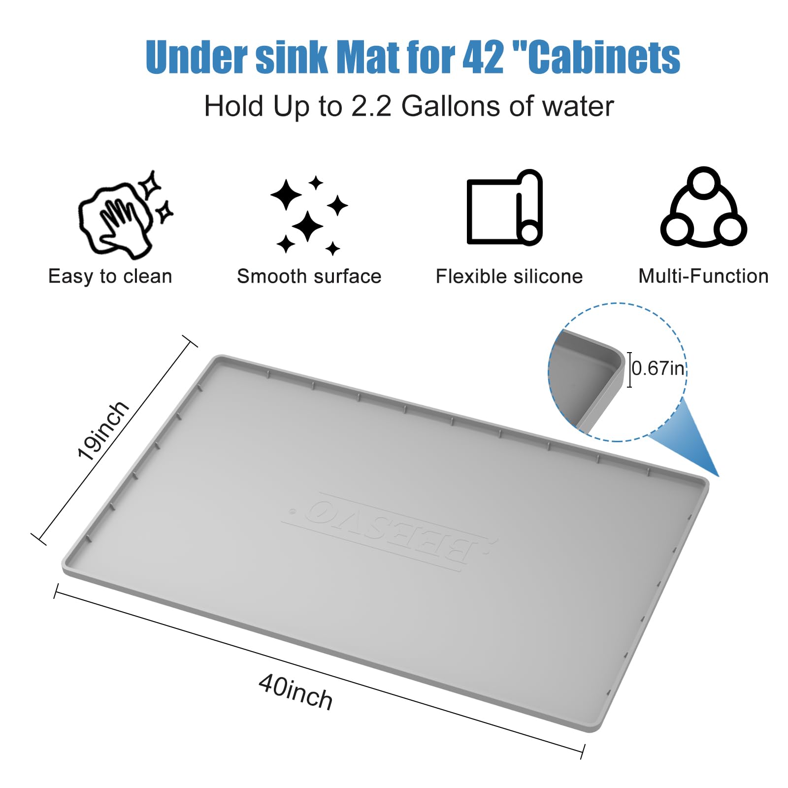Under Sink Mat for Kitchen Waterproof, 40" x 19" Silicone Under Sink Liner Kitchen & Bathroom Cabinet Protector Mats, Heavy Duty Flexible Under Sink Drip Tray with Lip, Cool Grey