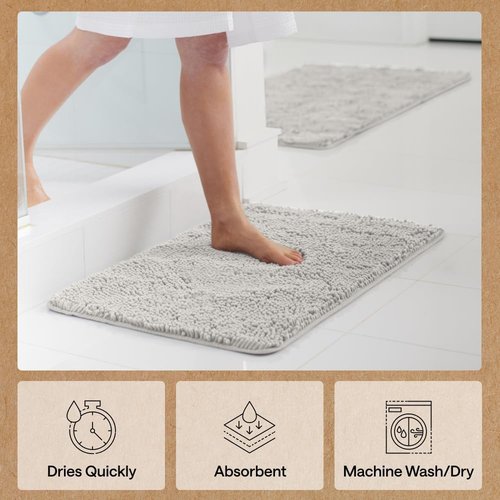 GORILLA GRIP Bath Rug Mat - Soft Absorbent Chenille | Quick-Dry Microfiber 48x17 Light Gray
