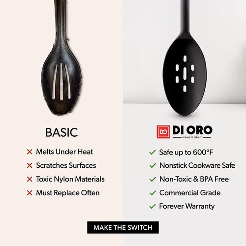 DI ORO Silicone Cooking Spoons - Heat-Resistant Utensils for Mixing & Serving - 600°F, Dishwasher Safe (2pc, Black)