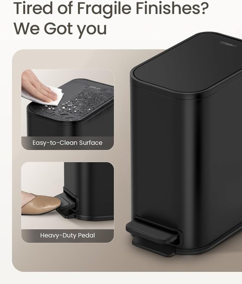 Cesun Stainless Steel Small Bathroom Trash Can - Soft Close Lid & Step Pedal, 5L | Matte Black