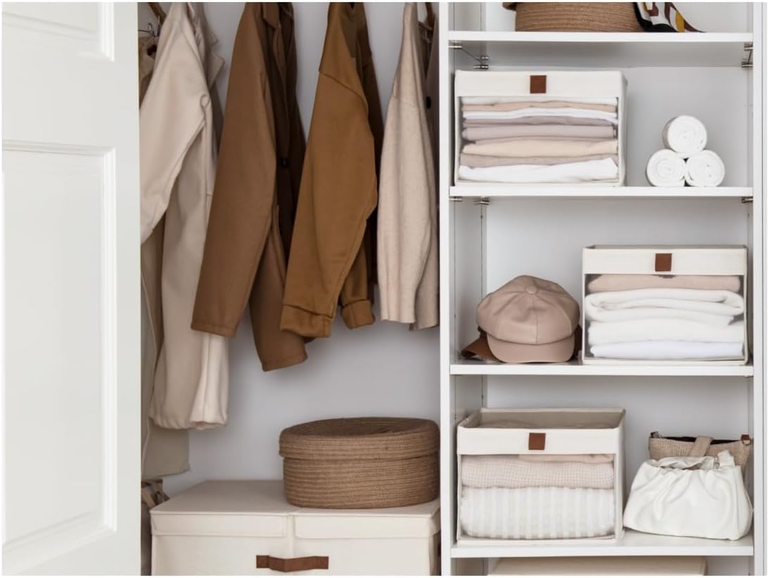 StorageWorks Large Closet Storage Bins - Foldable Fabric Organizers with Clear Window & Handles | Beige, 3 Pack
